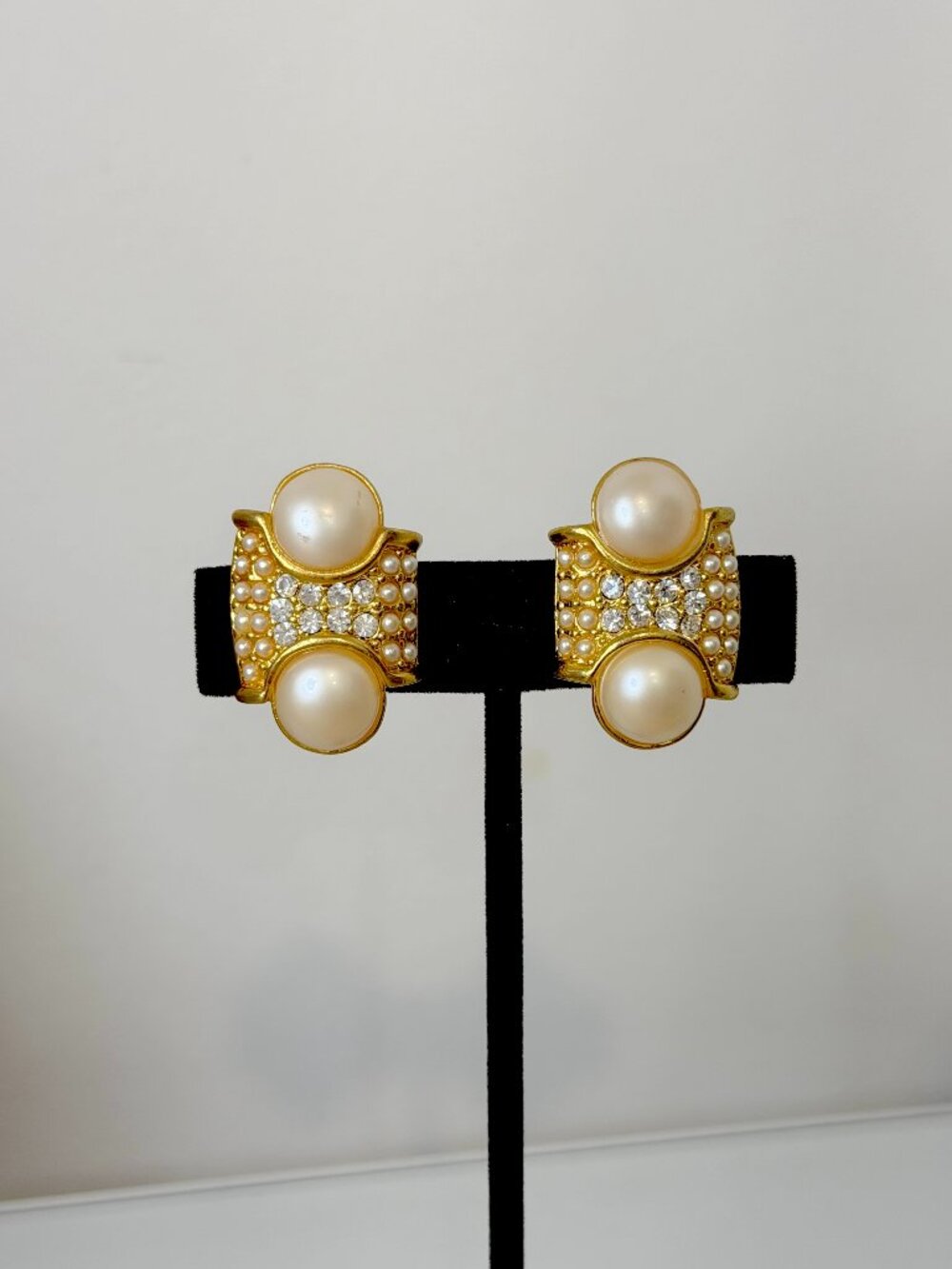 Gold Tone Pearl Crystal Clip-On Earrings Retro Glam Statement Jewelry